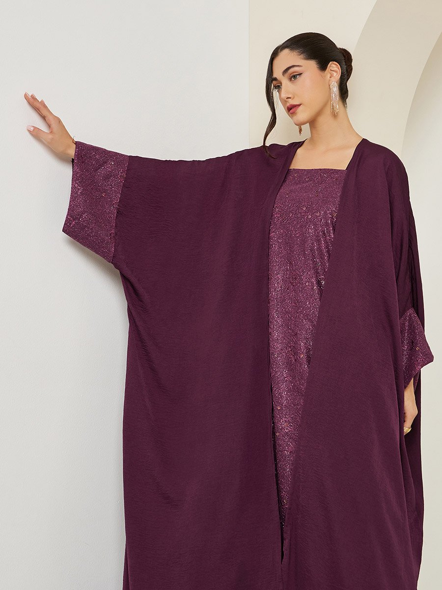 Women Burgundy Embellished Abaya with Inner Dress Set