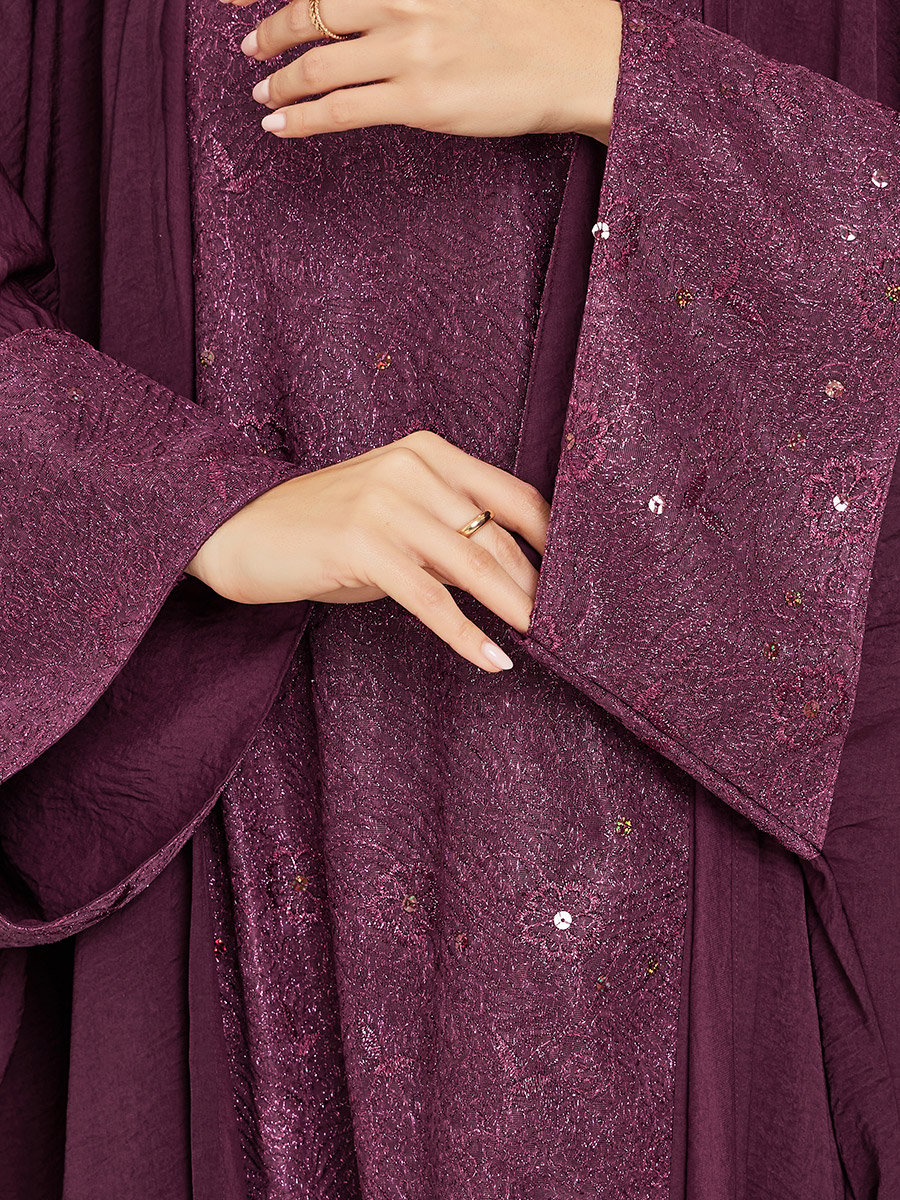 Women Burgundy Embellished Abaya with Inner Dress Set