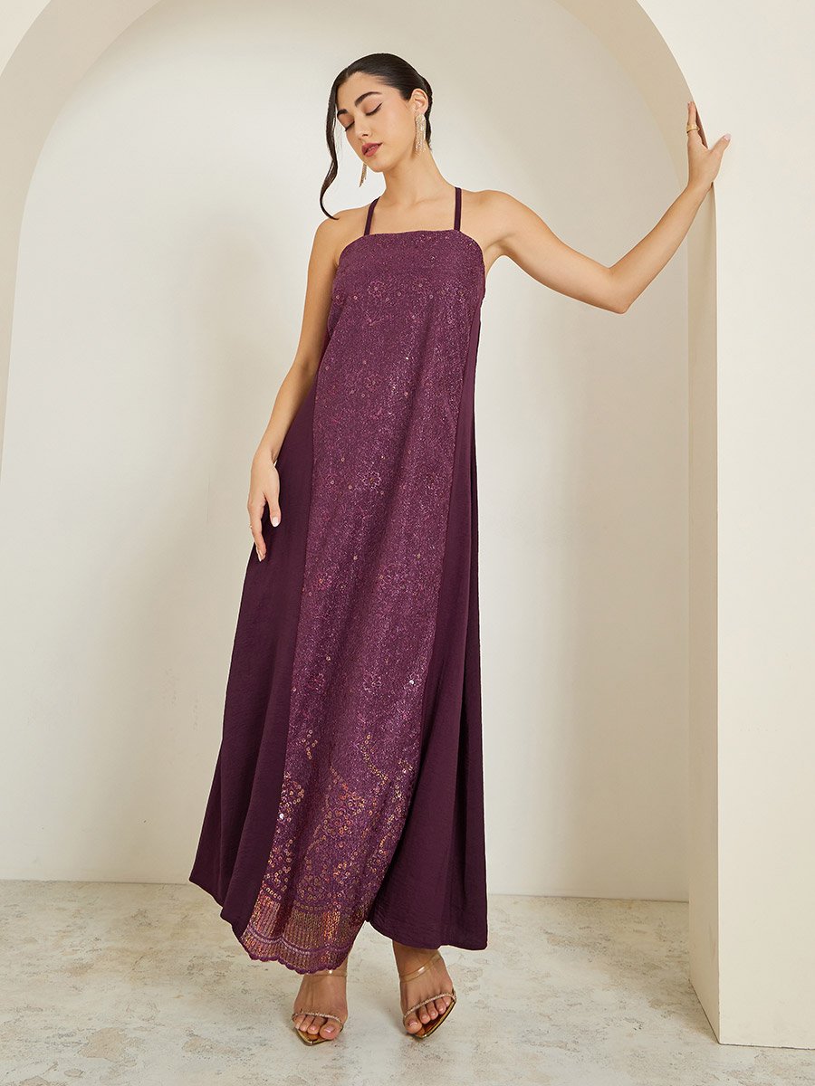 Women Burgundy Embellished Abaya with Inner Dress Set