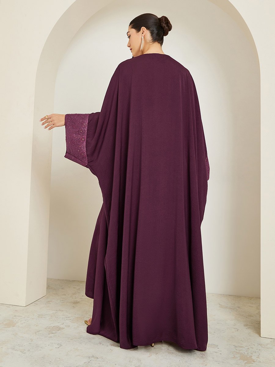 Women Burgundy Embellished Abaya with Inner Dress Set