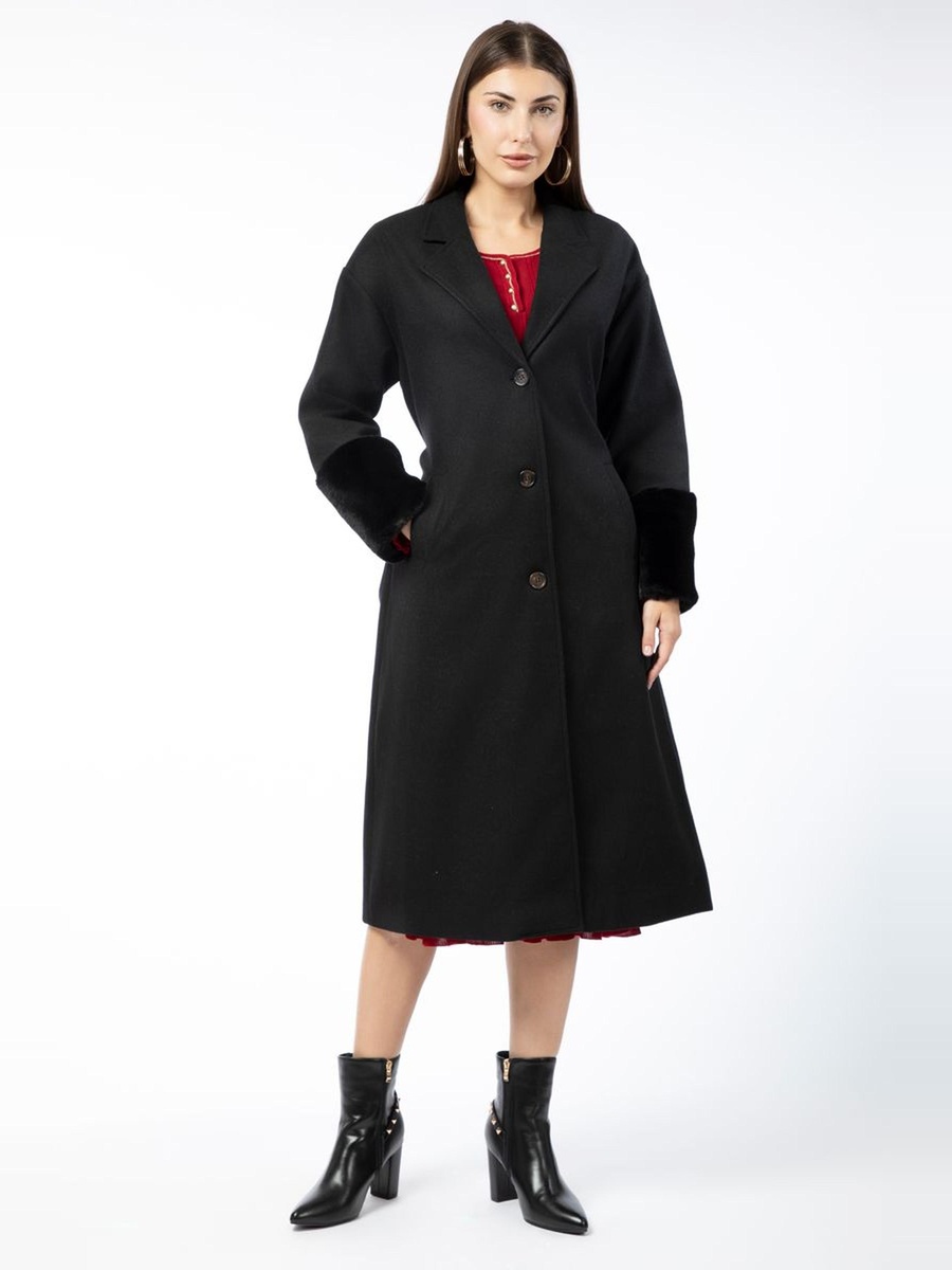 Longline Buttoned Coat with Fur Detail