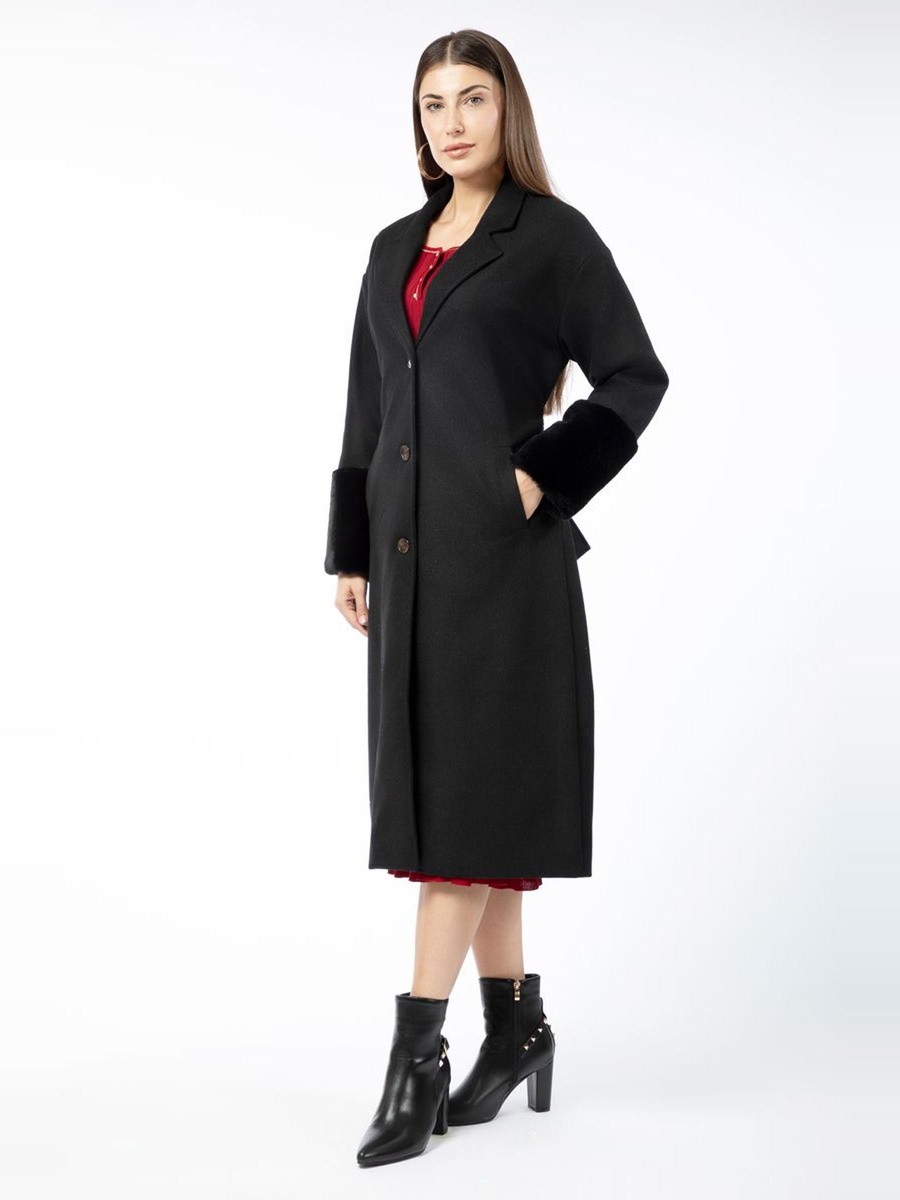 Longline Buttoned Coat with Fur Detail