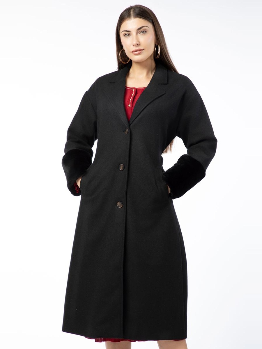 Longline Buttoned Coat with Fur Detail