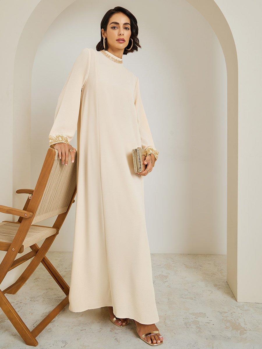 Women Cream Lace Trim Flared Sleeve Jalabiya