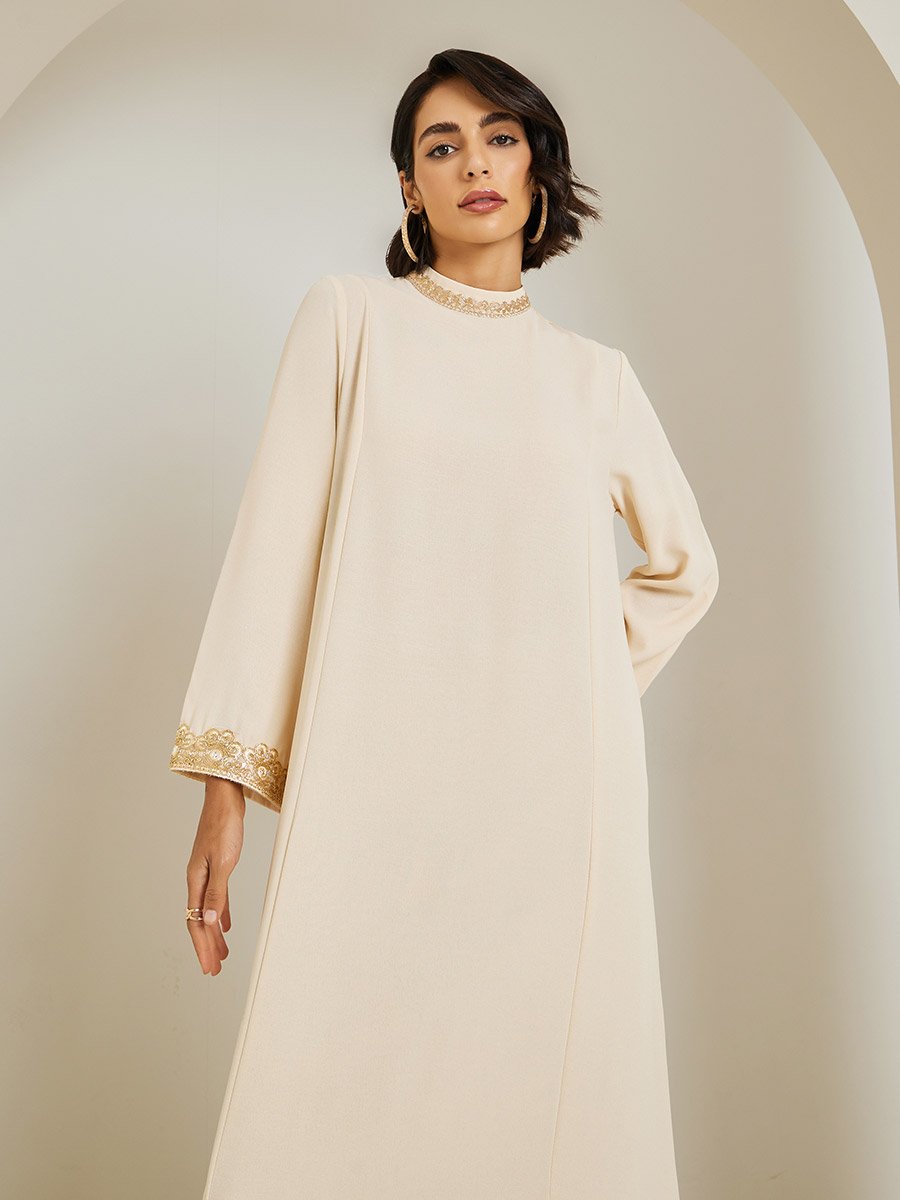 Women Cream Lace Trim Flared Sleeve Jalabiya