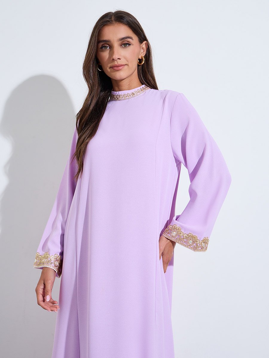 Lilac Long Sleeves Maxi Jalabiya with Gold Embroidery