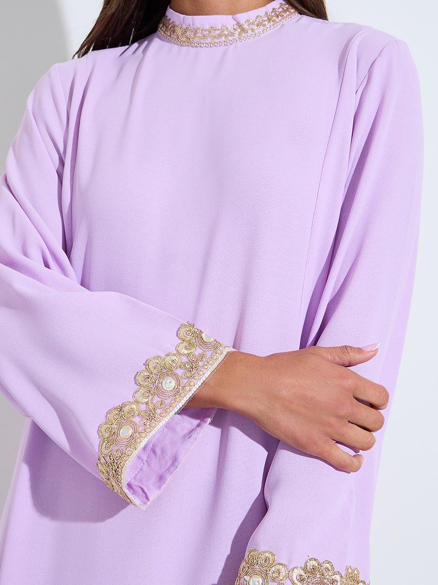 Lilac Long Sleeves Maxi Jalabiya with Gold Embroidery