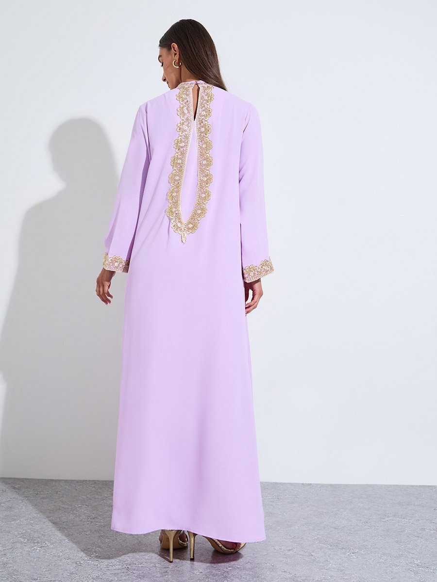 Lilac Long Sleeves Maxi Jalabiya with Gold Embroidery