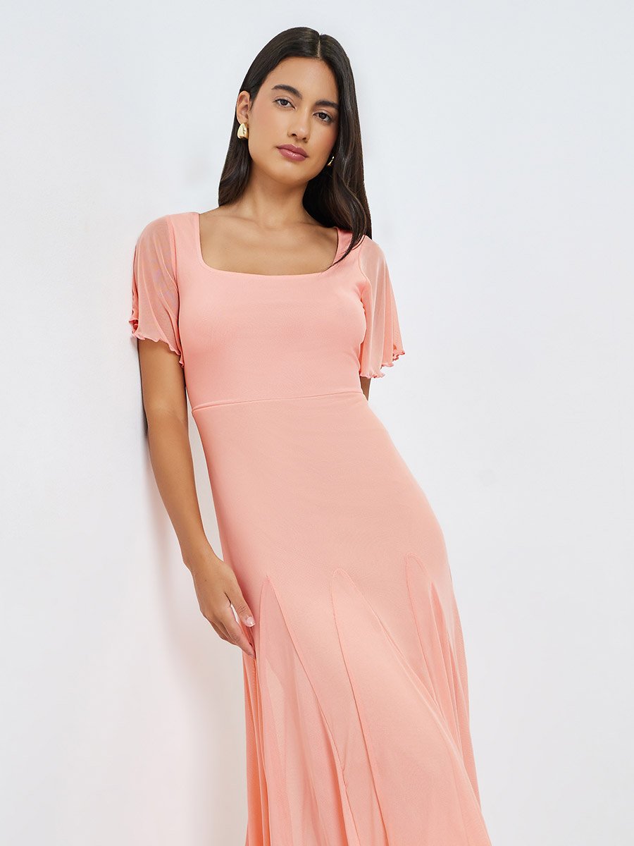Peach Short Sleeve A-Line Maxi Dress For Women at Kuwait | Styli