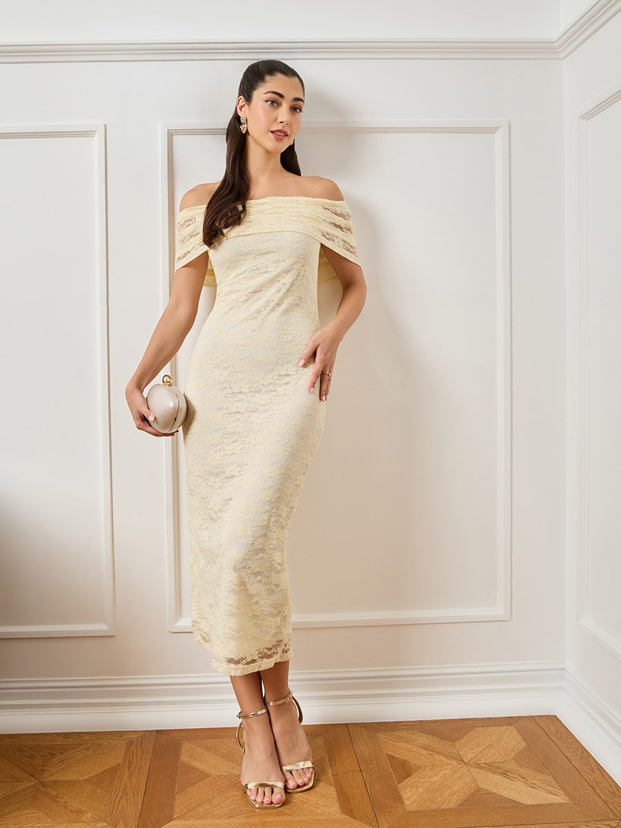Women Beige Lace Sheath Midi Dress For Women at Kuwait | Styli Women Beige Lace Sheath Midi Dress For Women at Kuwait | Styli
