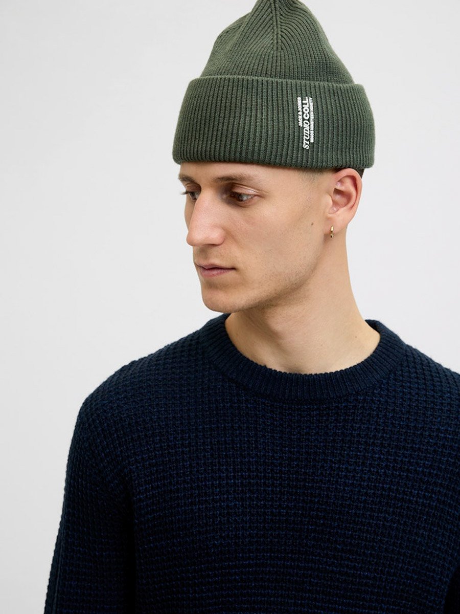 Green Flat Knit Folded Beanie