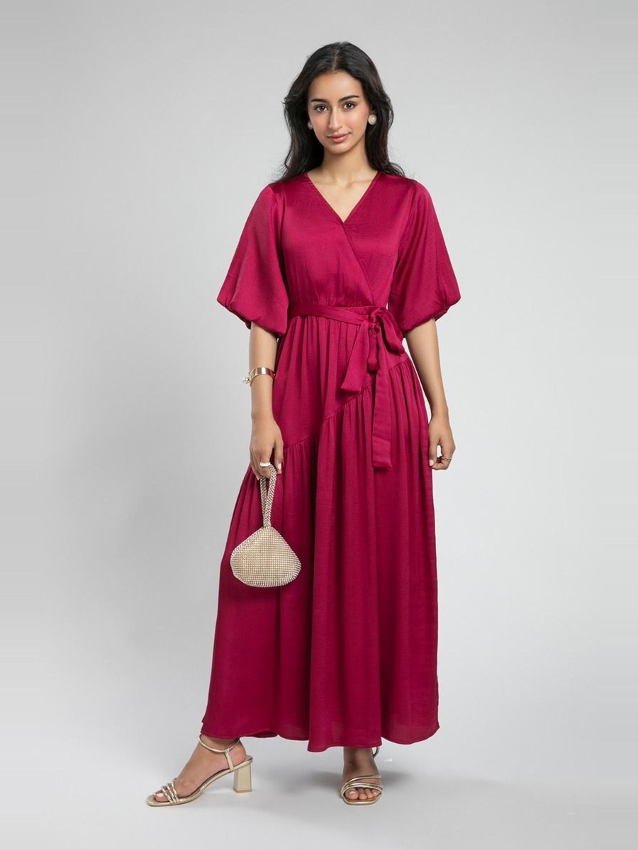 Plain V Neck Wrap Maxi Dress