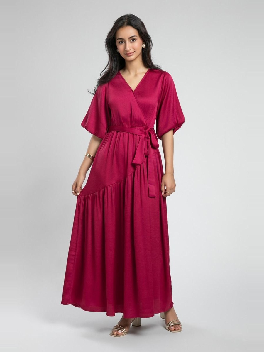 Plain V Neck Wrap Maxi Dress