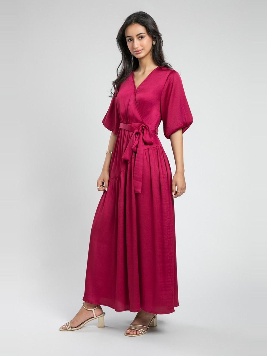 Plain V Neck Wrap Maxi Dress