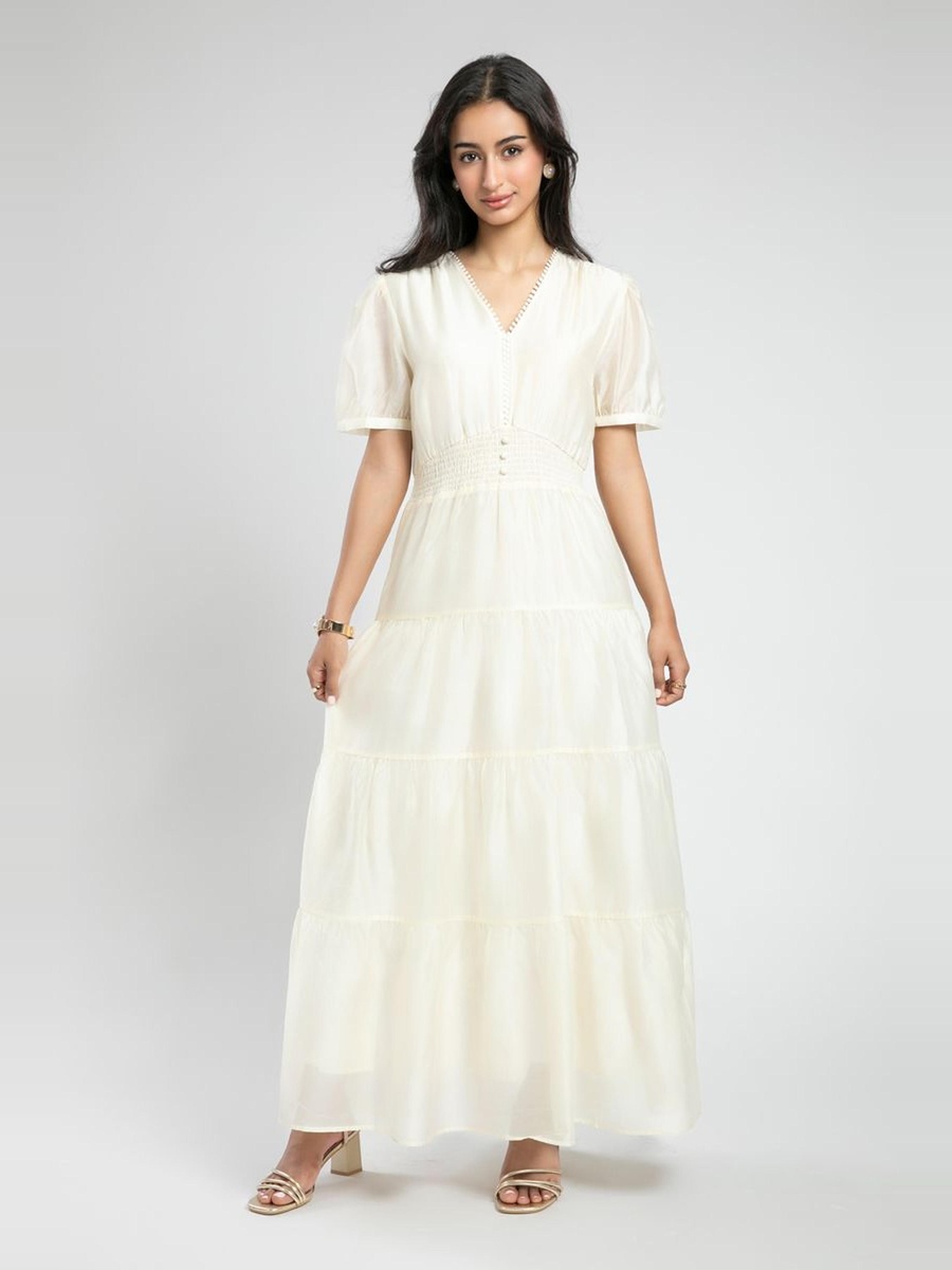 Smocked Waist A-Line Maxi Dress with Puff Sleeves