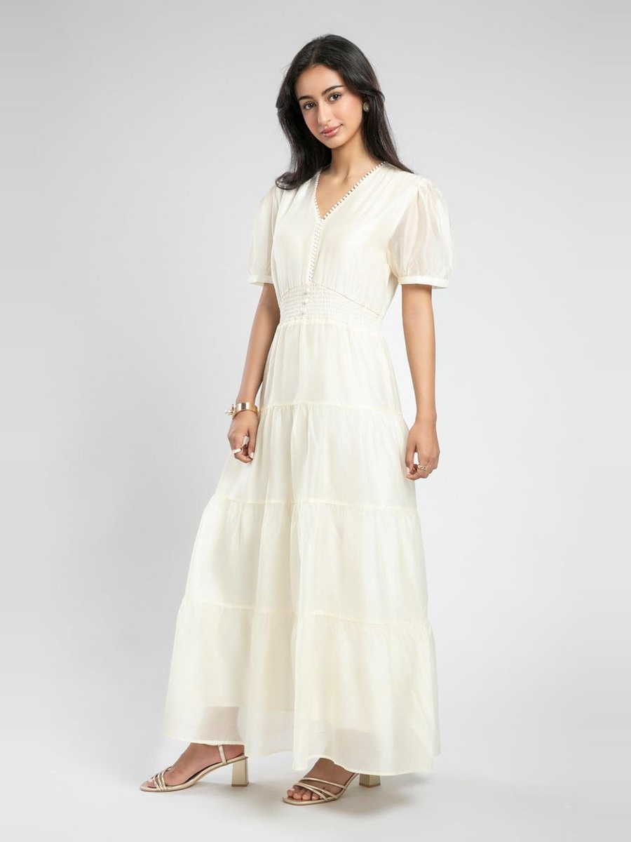 Smocked Waist A-Line Maxi Dress with Puff Sleeves