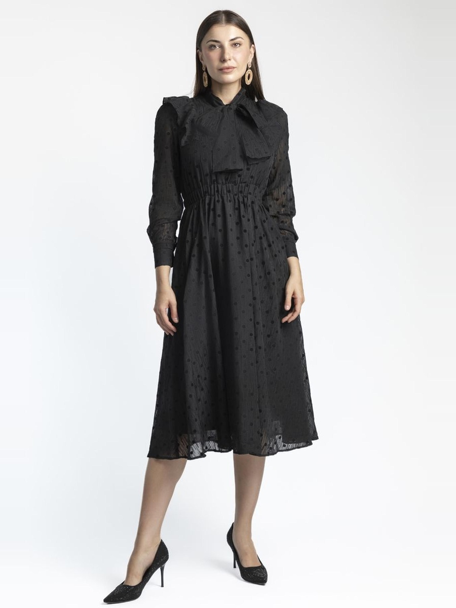 Tone On Tone Dotted Dress with Ruffle
