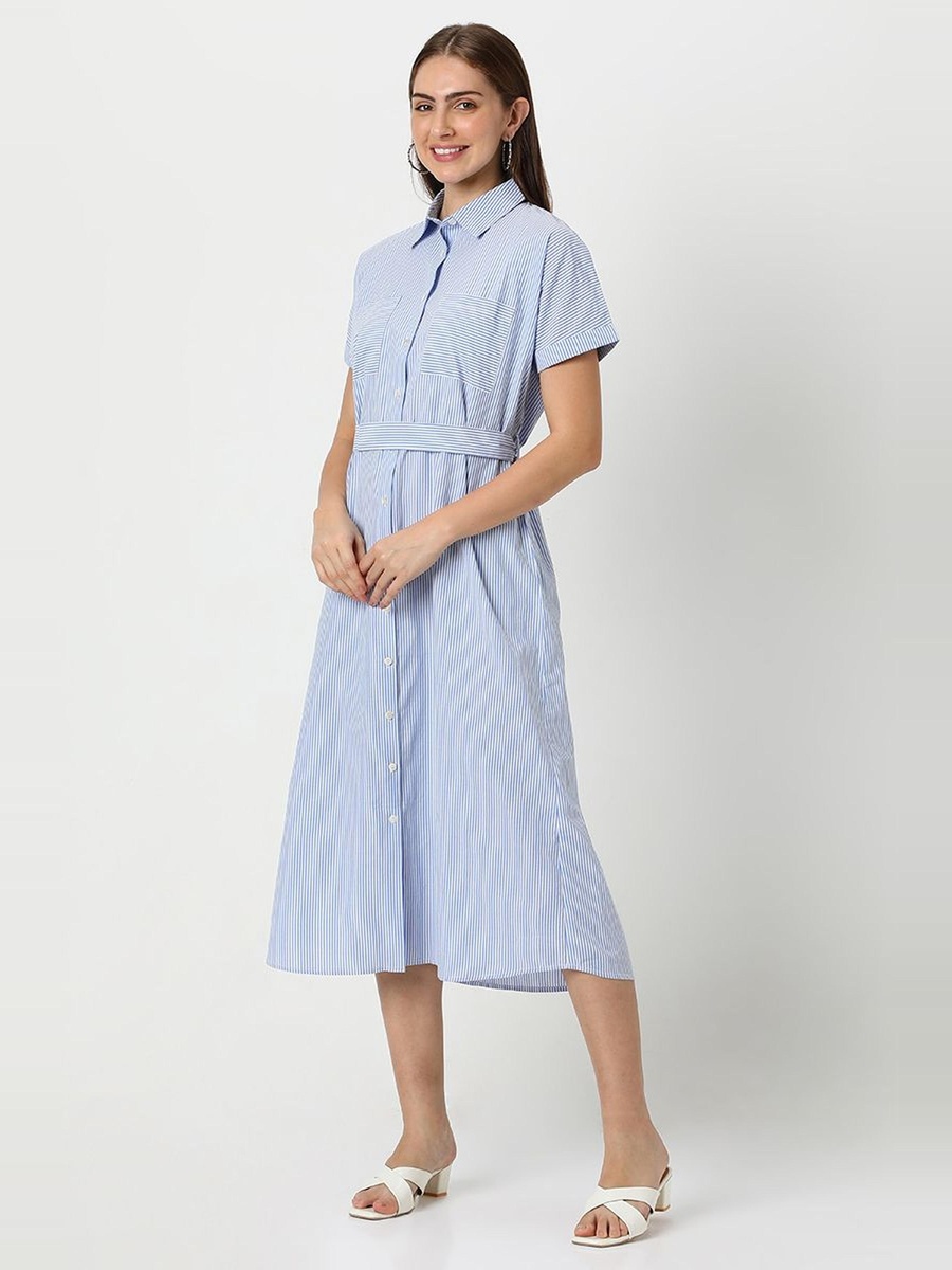 Striped Short Sleeve Shirt Midi Dress