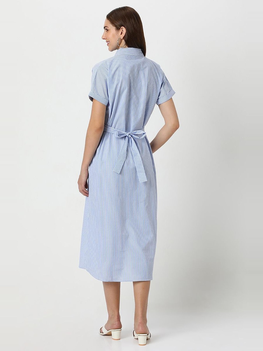 Striped Short Sleeve Shirt Midi Dress