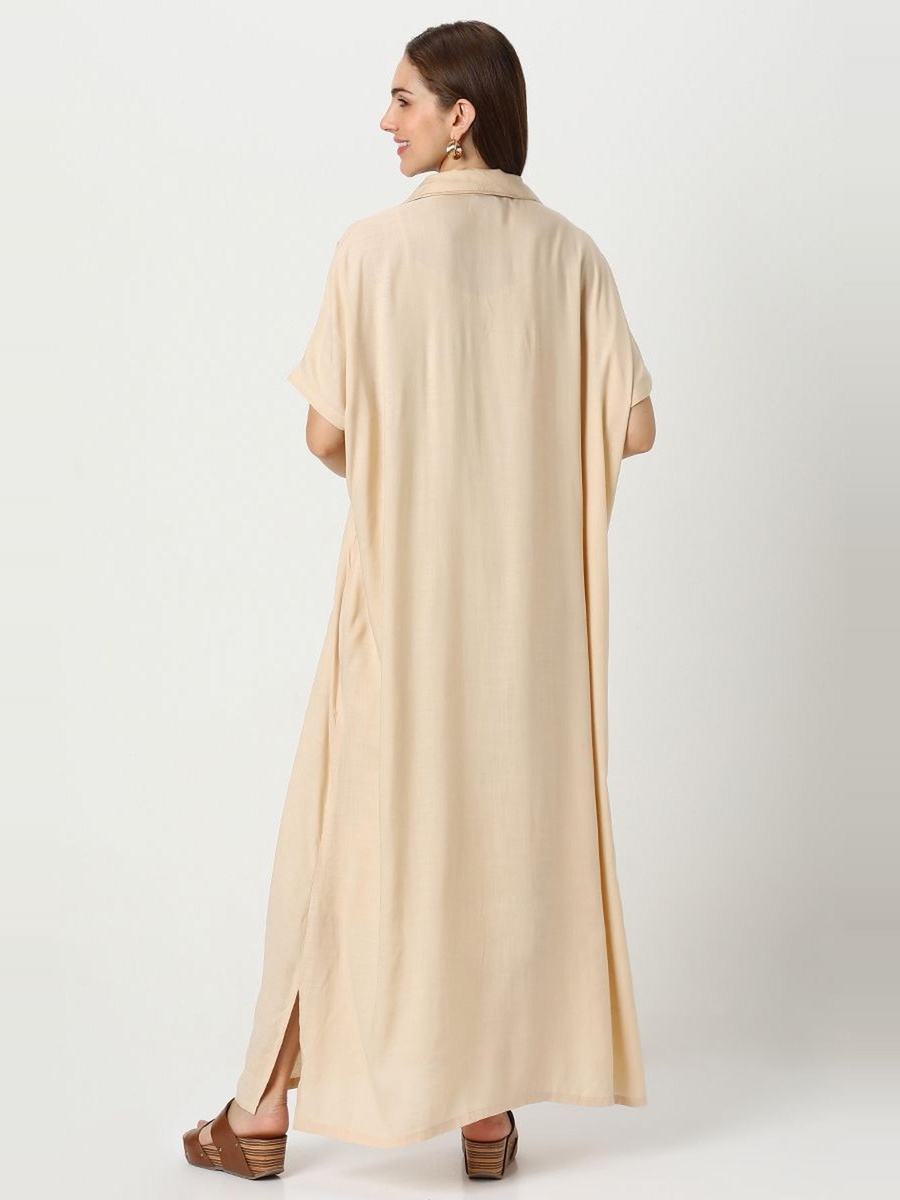 Embroidered Collared A-Line Maxi Dress
