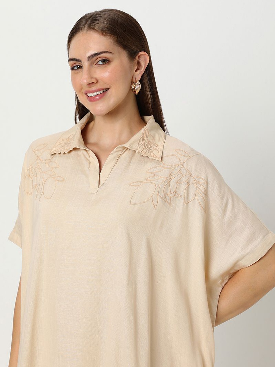 Embroidered Collared A-Line Maxi Dress