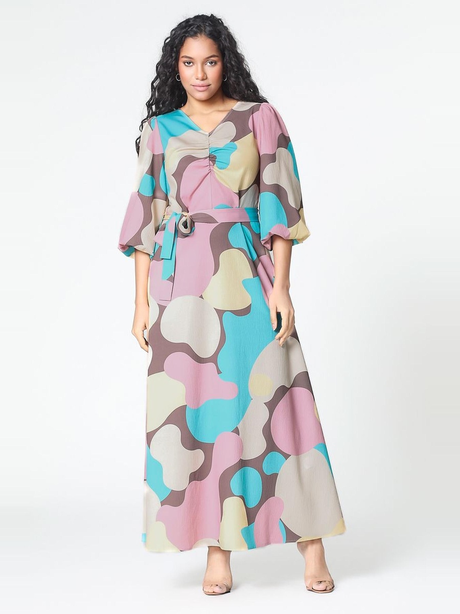 All-Over Printed A-Line Maxi Dress with Balloon Sleeves