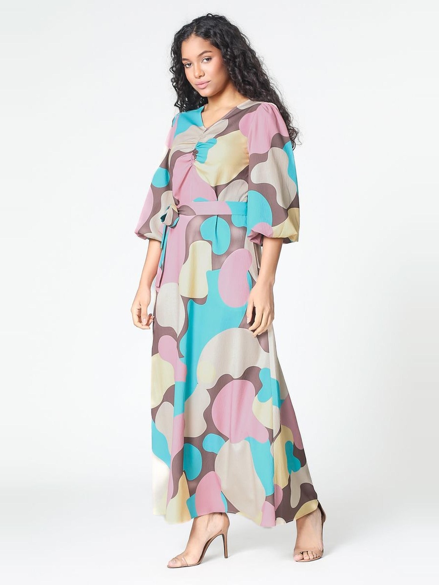 All-Over Printed A-Line Maxi Dress with Balloon Sleeves