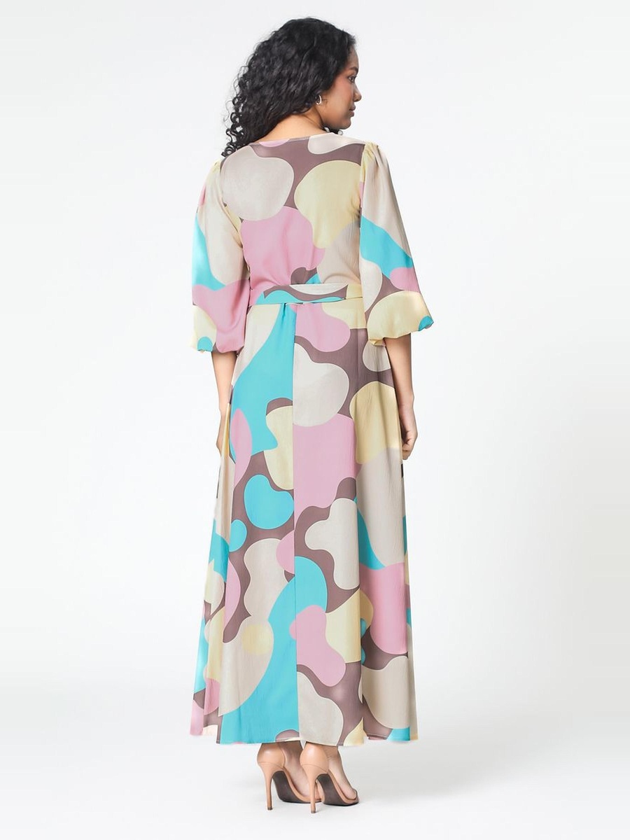 All-Over Printed A-Line Maxi Dress with Balloon Sleeves