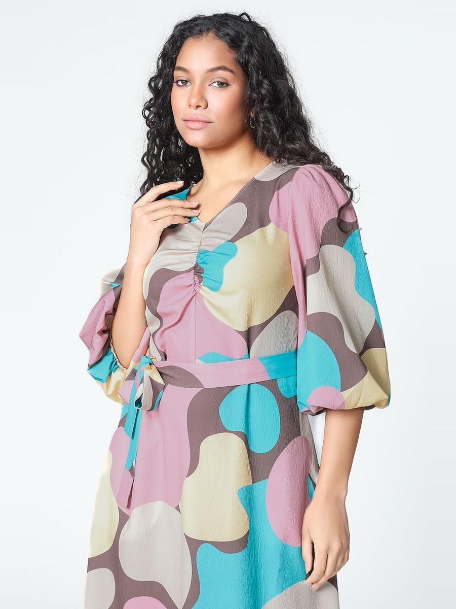 All-Over Printed A-Line Maxi Dress with Balloon Sleeves