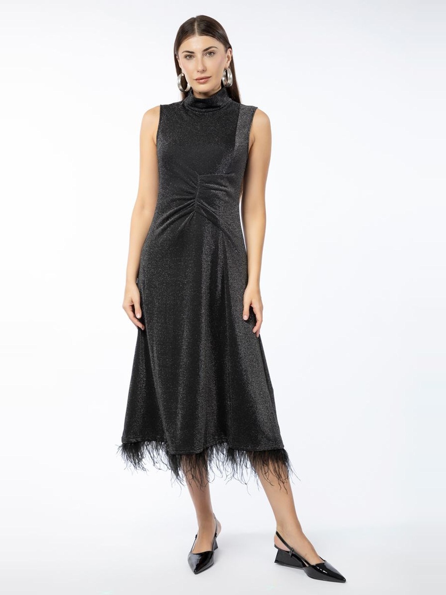 Glittered A-Line Midi Dress with faux feather Detail
