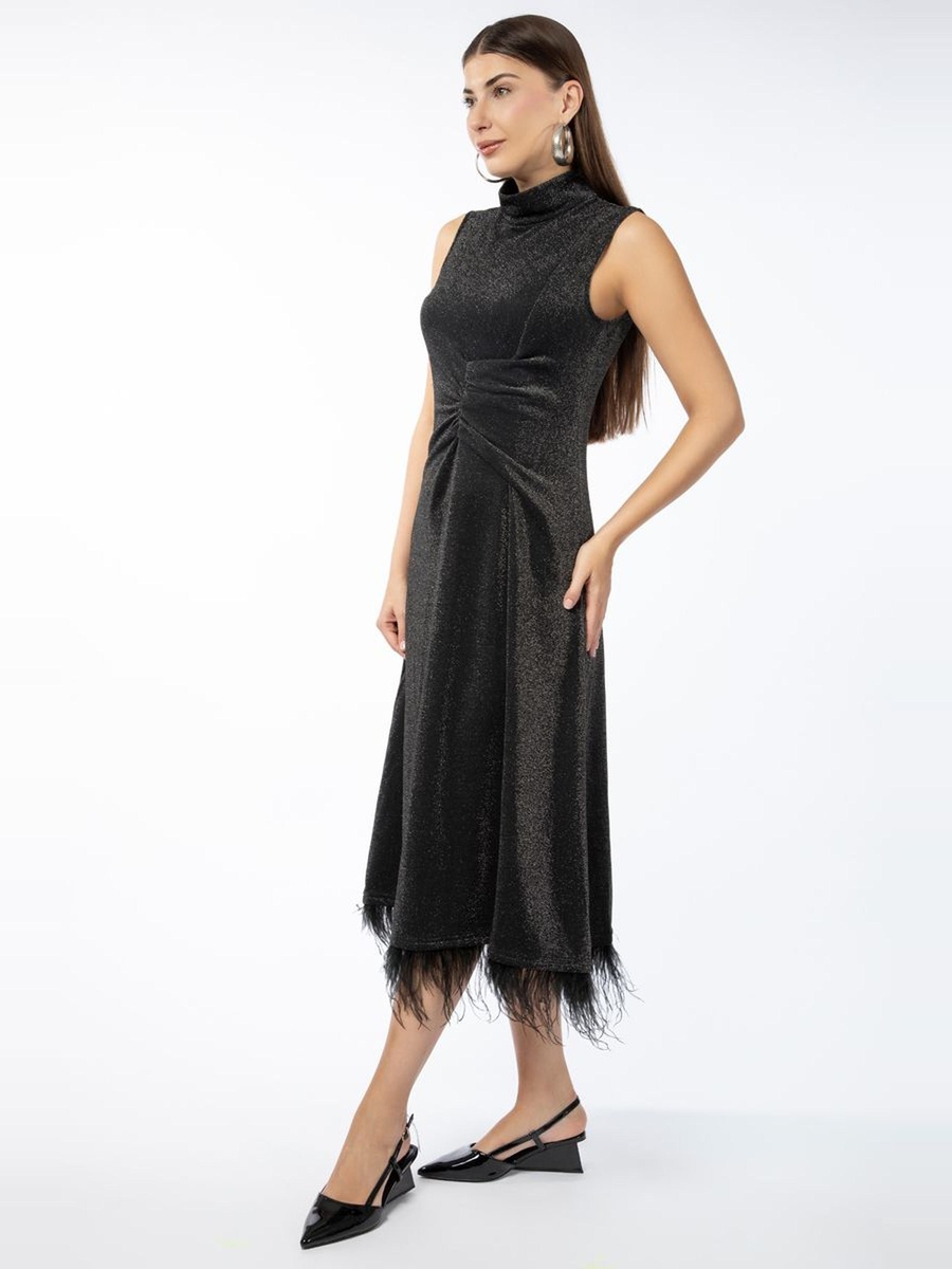 Glittered A-Line Midi Dress with faux feather Detail