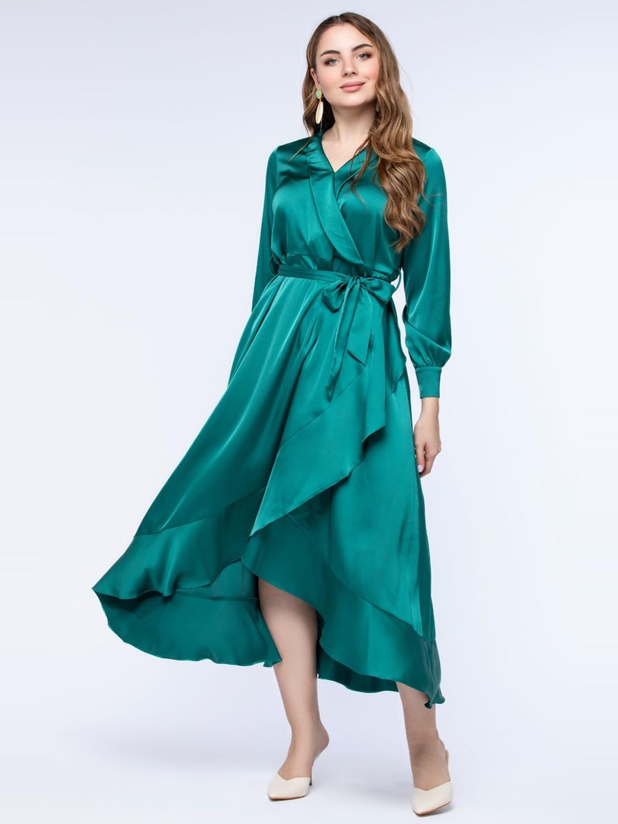 Plain Asymmetric Hem Wrap Midi Dress
