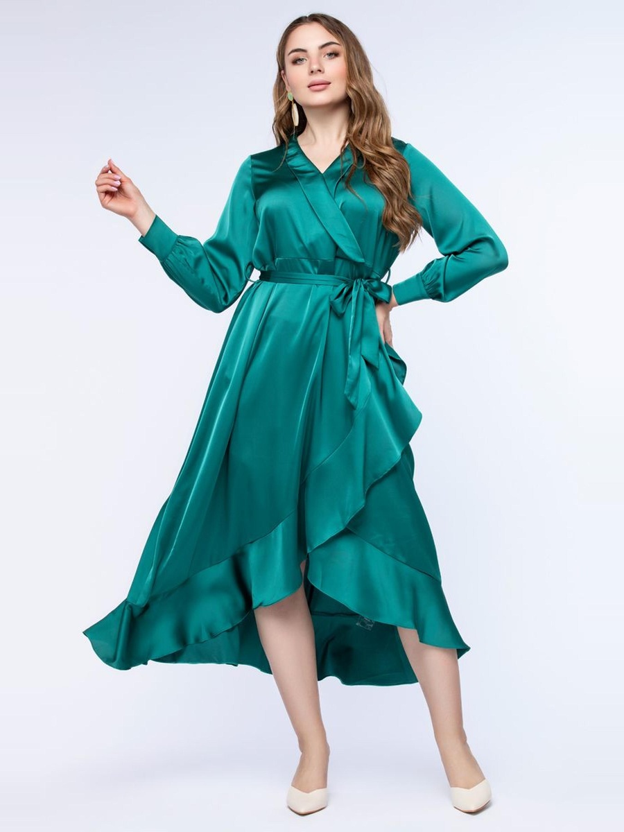 Plain Asymmetric Hem Wrap Midi Dress