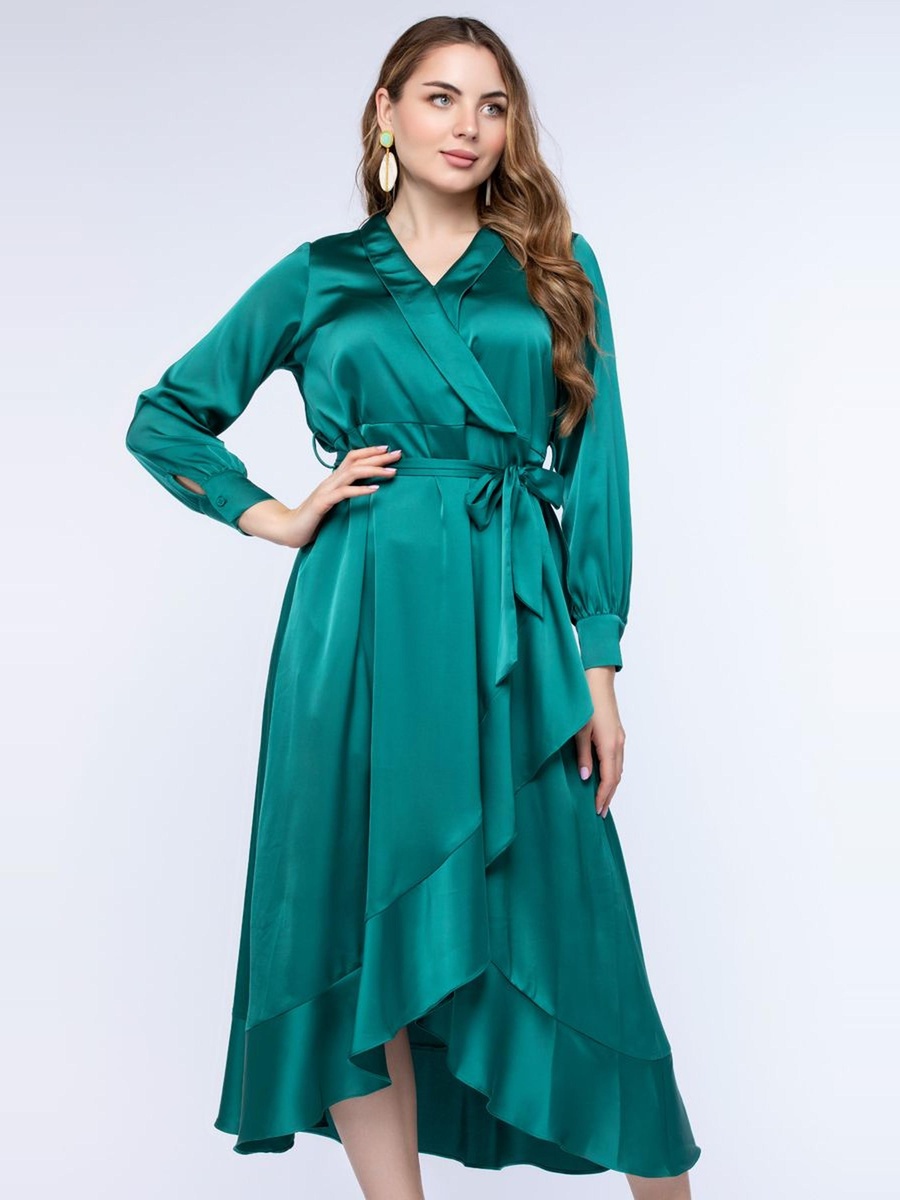 Plain Asymmetric Hem Wrap Midi Dress