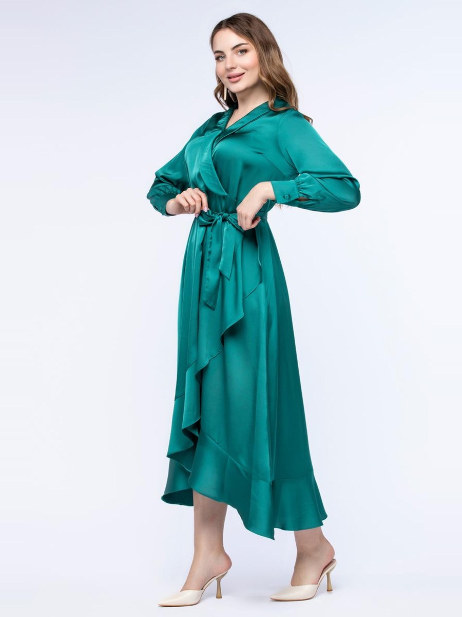 Plain Asymmetric Hem Wrap Midi Dress
