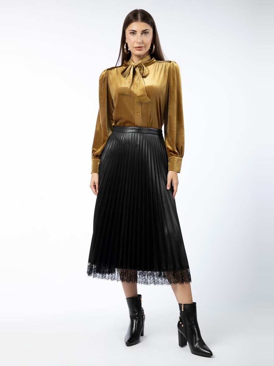 Pleated Synthetic Leather Skirt with Lace Detail
