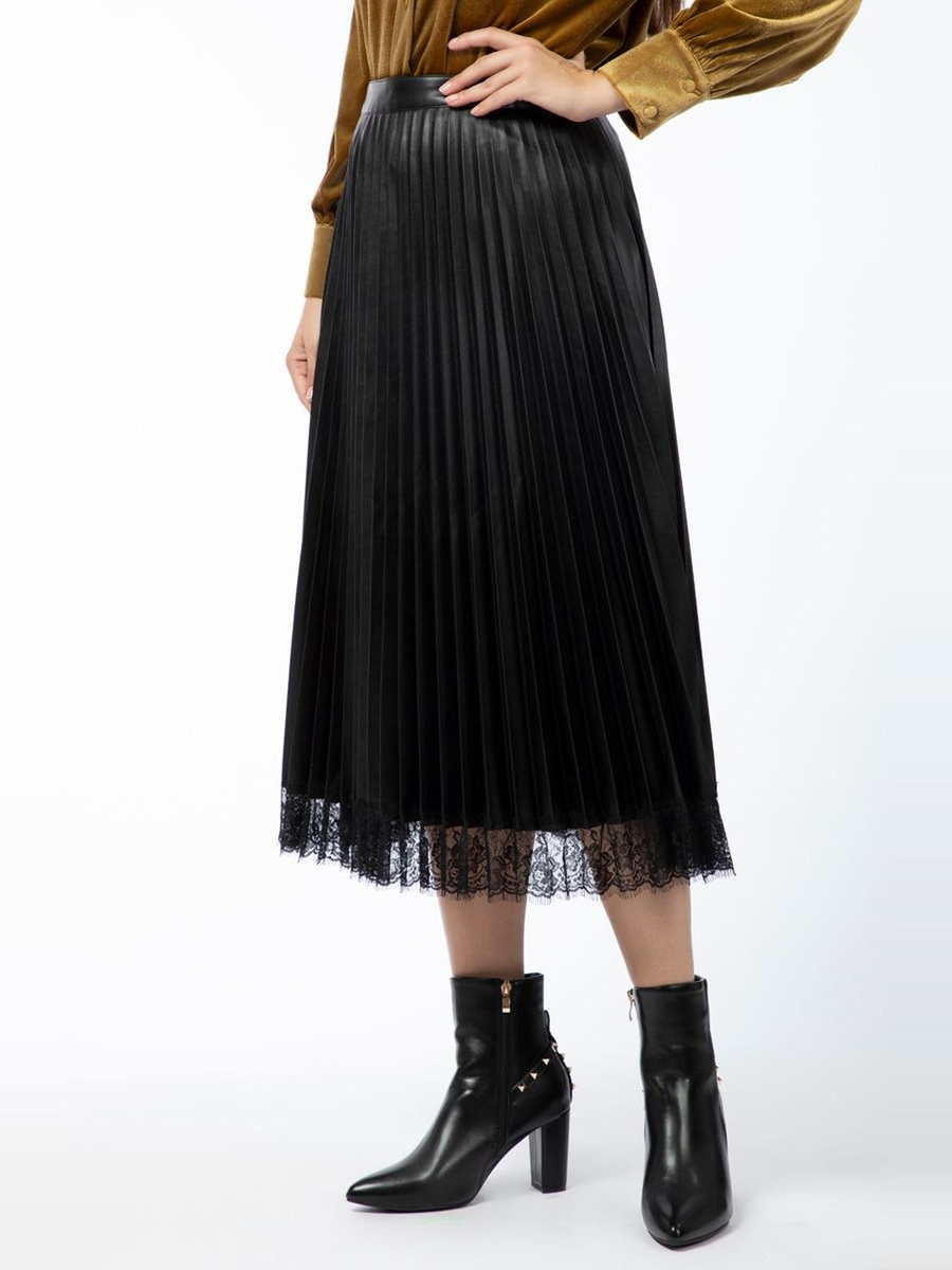 Pleated Synthetic Leather Skirt with Lace Detail