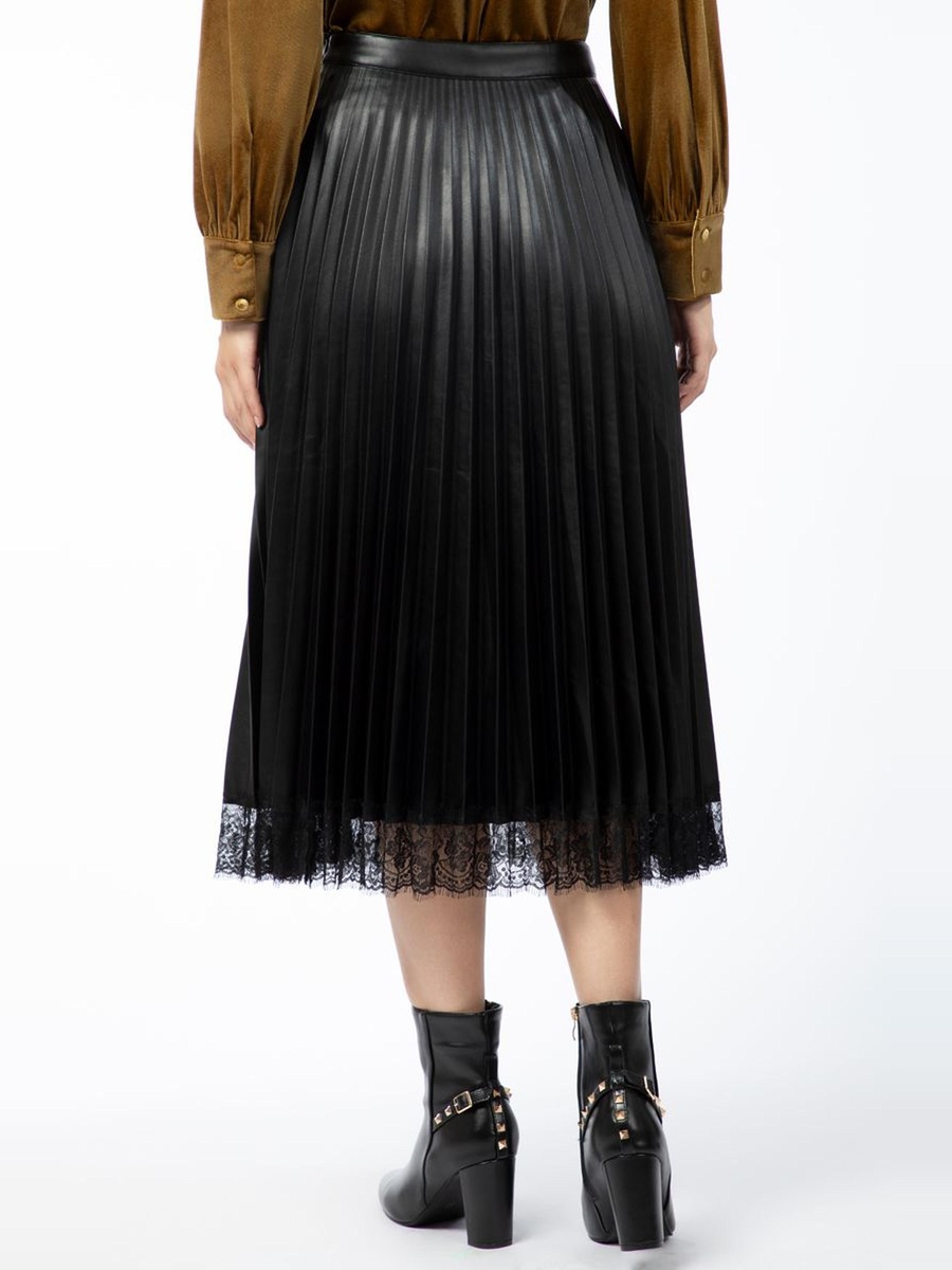 Pleated Synthetic Leather Skirt with Lace Detail