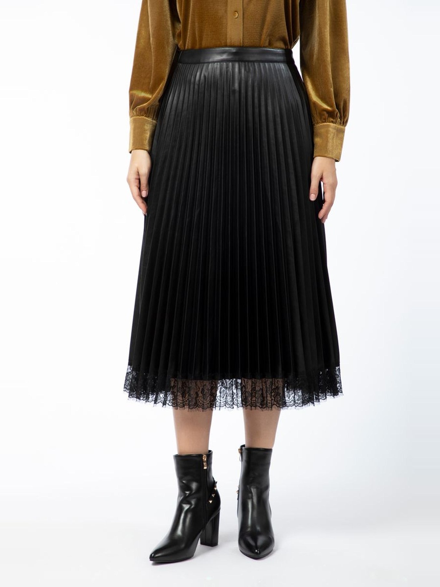 Pleated Synthetic Leather Skirt with Lace Detail