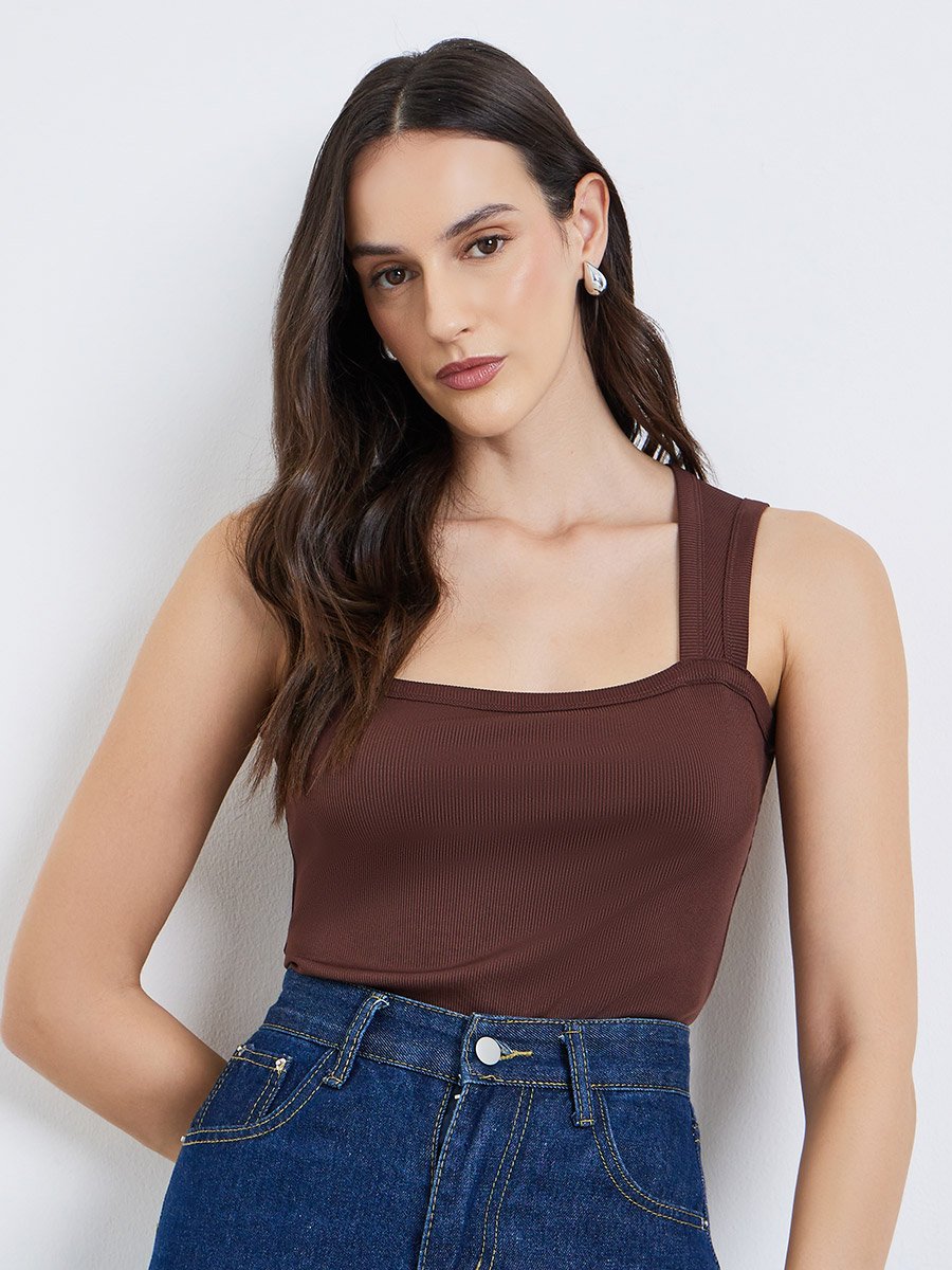 Women Brown Sleeveless Square Neck Bodysuit