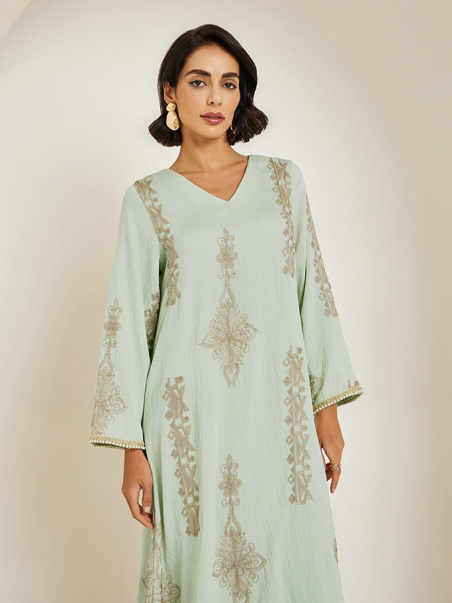 Women Green Embroidered A-Line Jalabiya