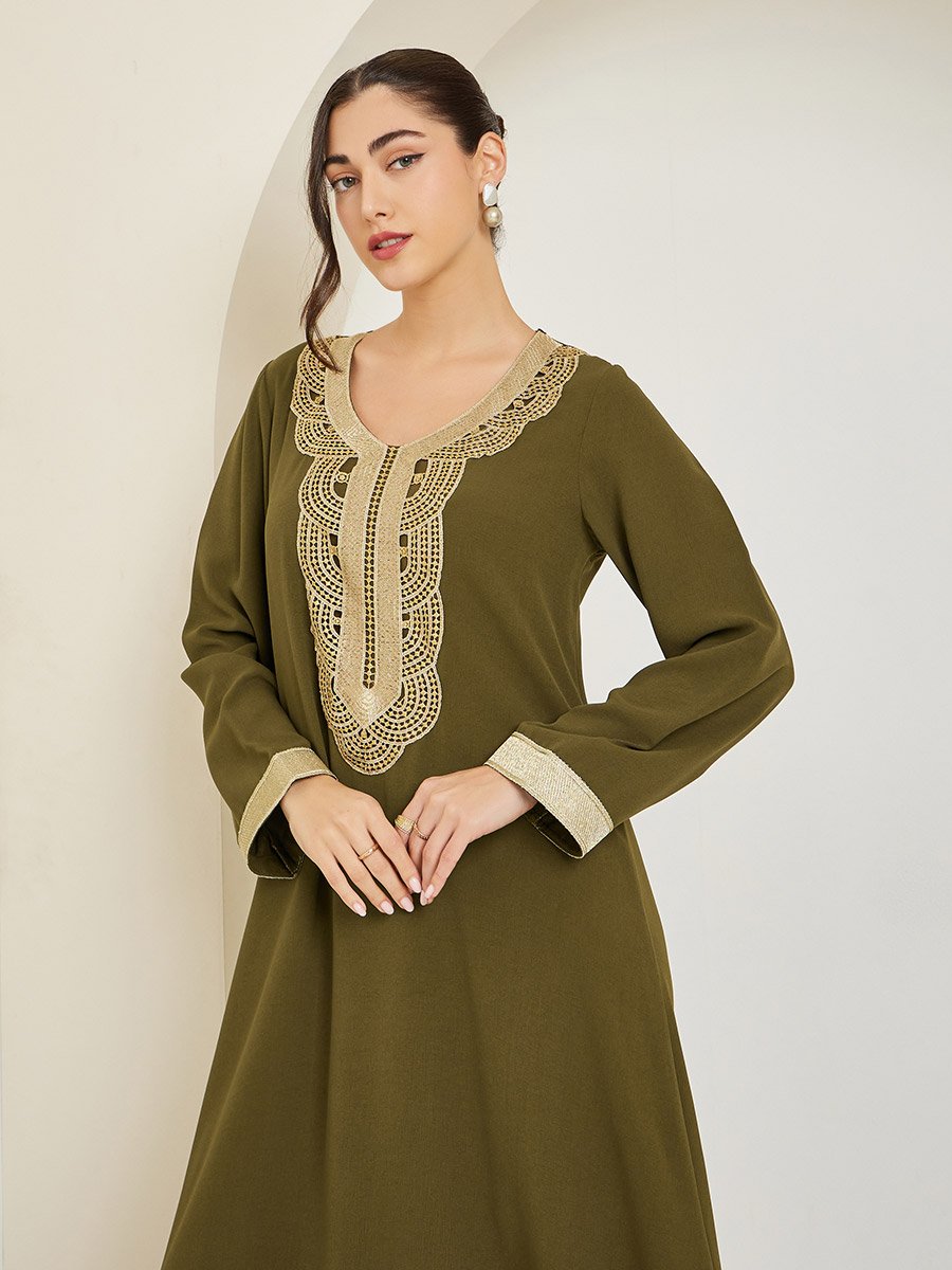 Women Olive Embroidered A-Line Jalabiya