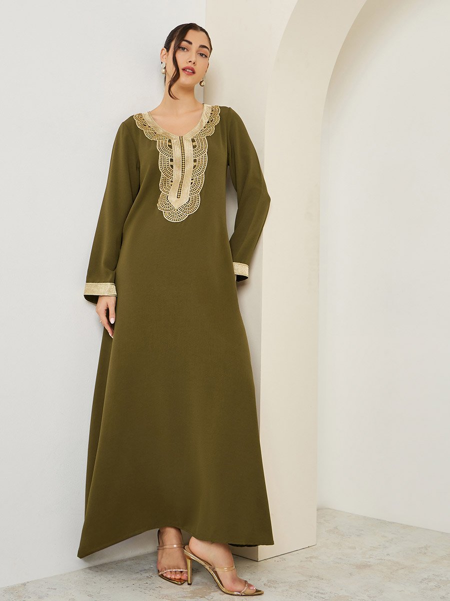 Women Olive Embroidered A-Line Jalabiya