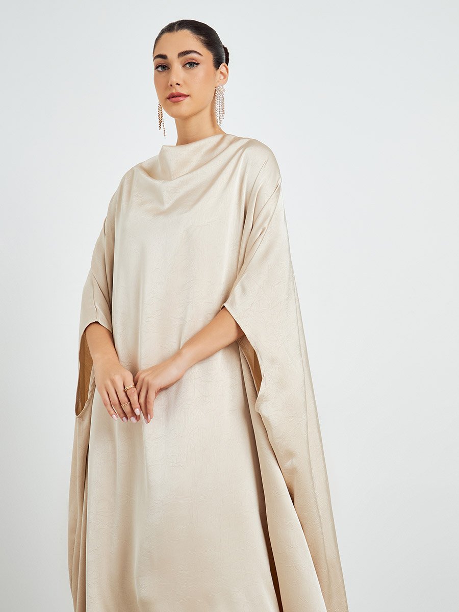 Cream Satin Cowl Neck Kaftan Dress For Women at Saudi | Styli Cream Satin Cowl Neck Kaftan Dress For Women at Saudi | Styli