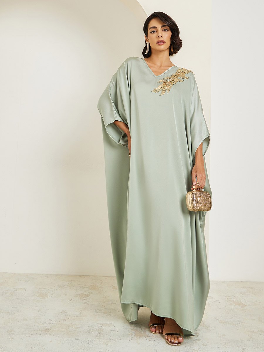 Women Green Embellished Satin Kaftan