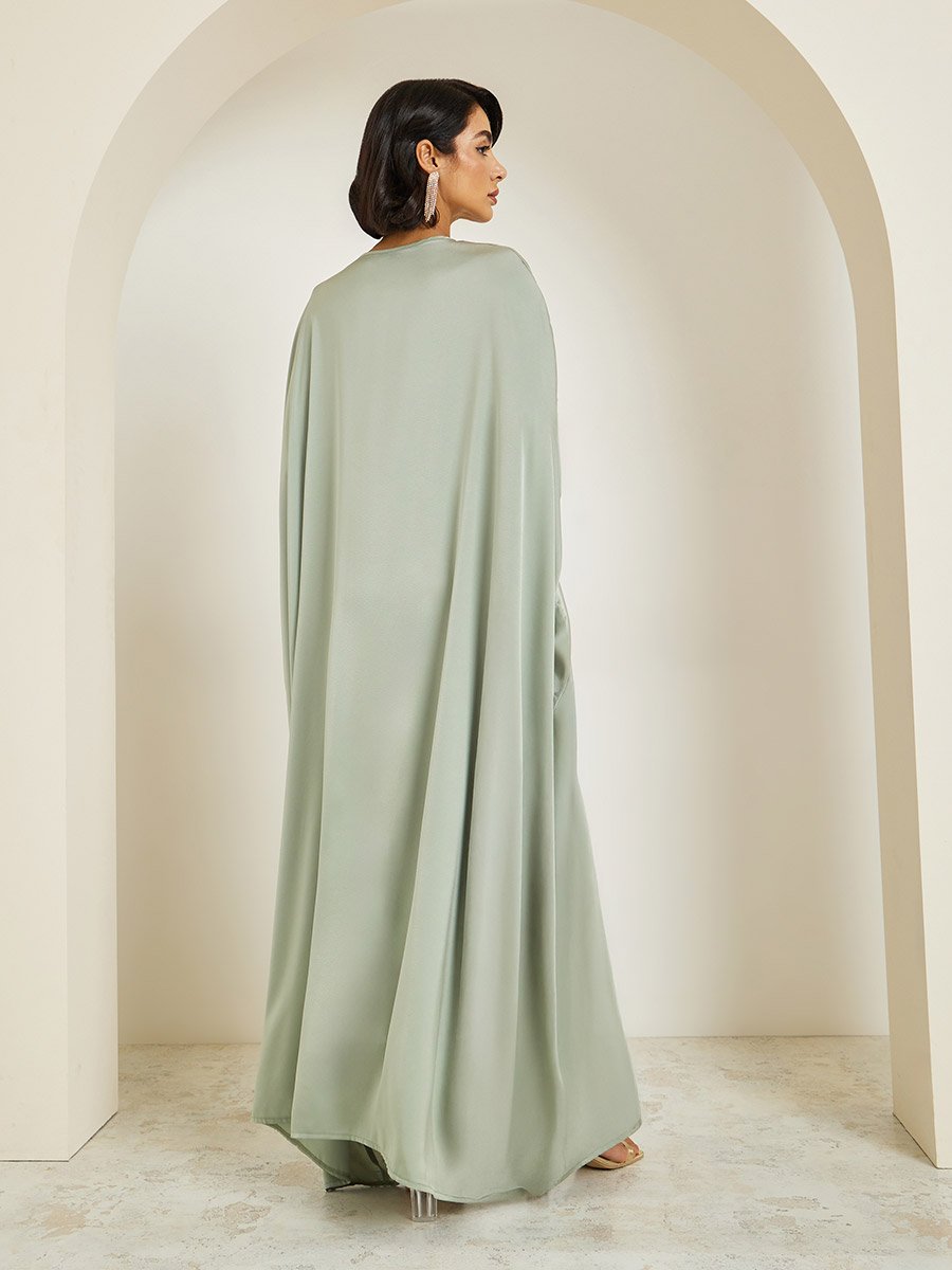 Women Green Embellished Satin Kaftan