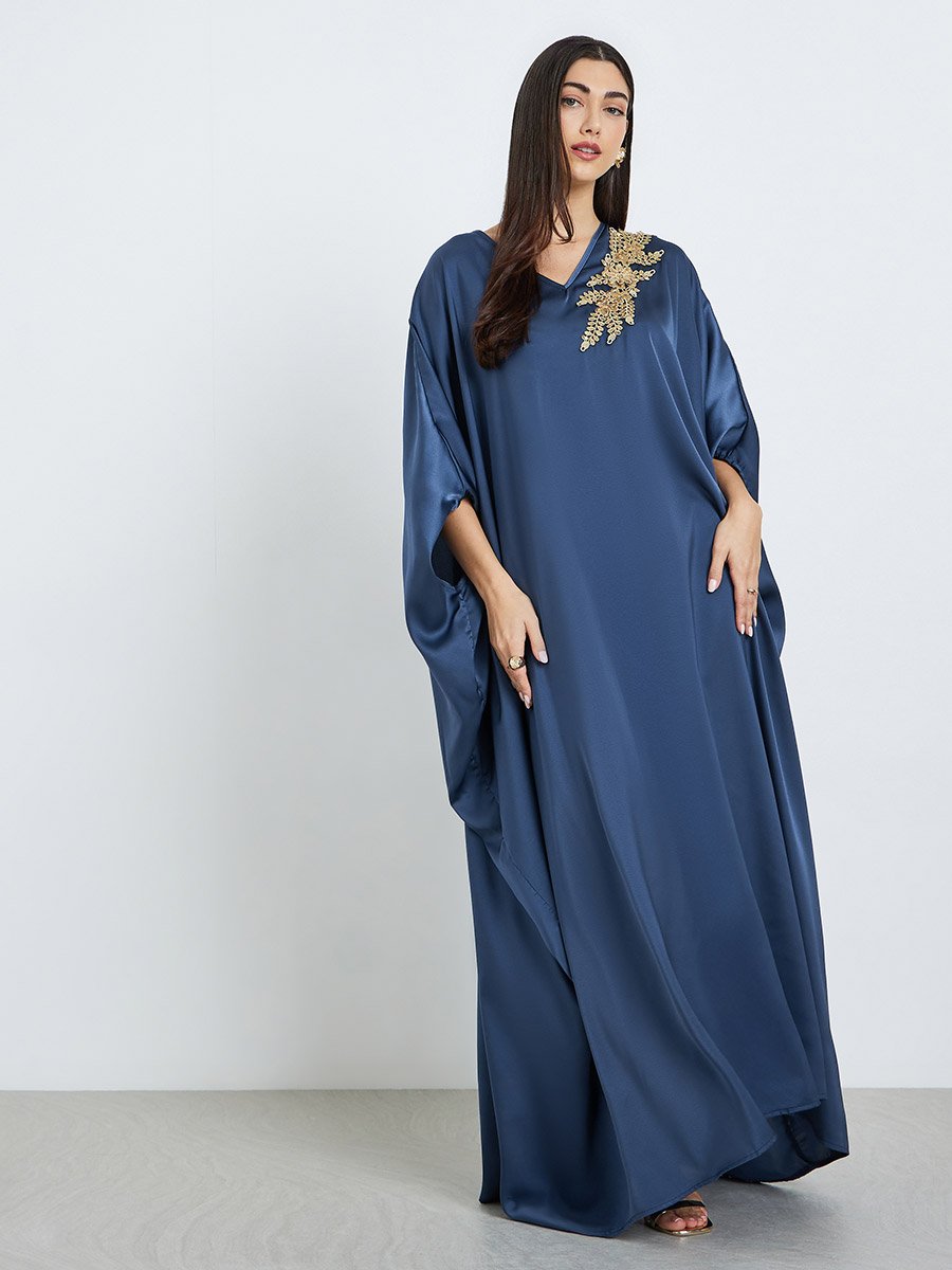 Women Navy Blue Satin Kaftan with Gold Embroidery