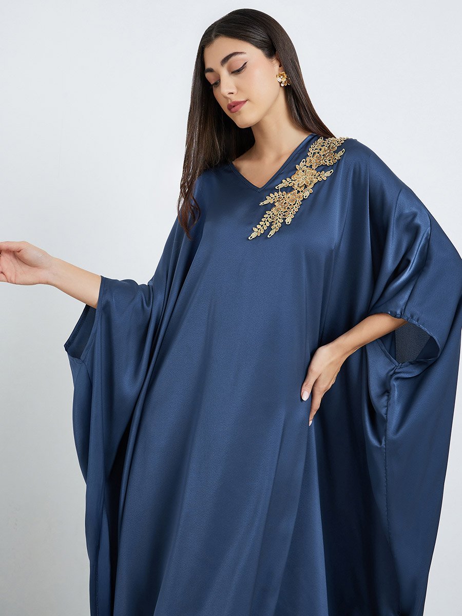 Women Navy Blue Satin Kaftan with Gold Embroidery