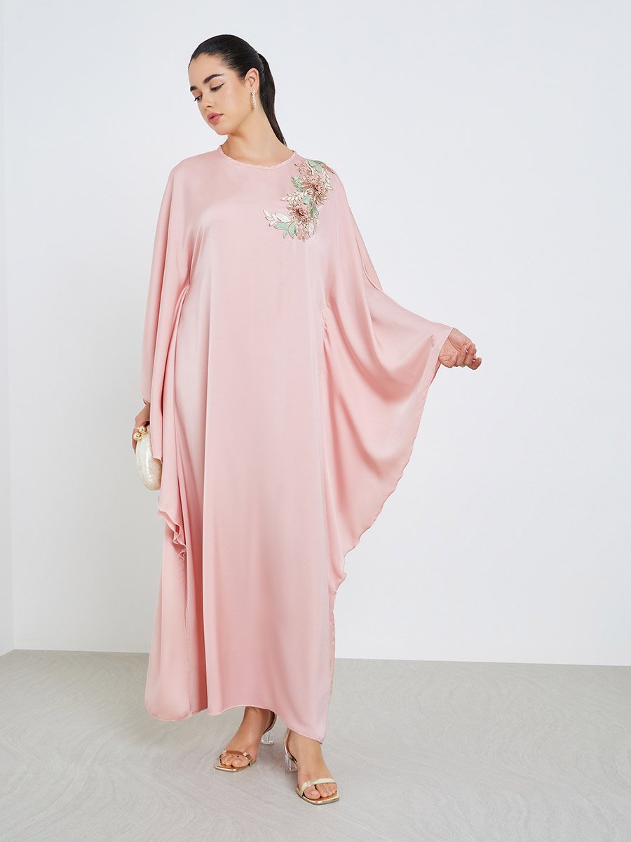 Women Pink Satin Embellished Kaftan