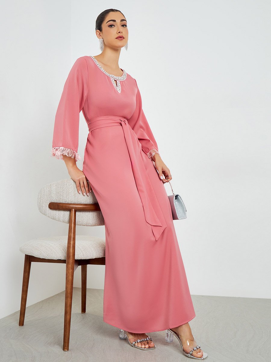 Pink Embellished Tassel Trim A-Line Jalabiya